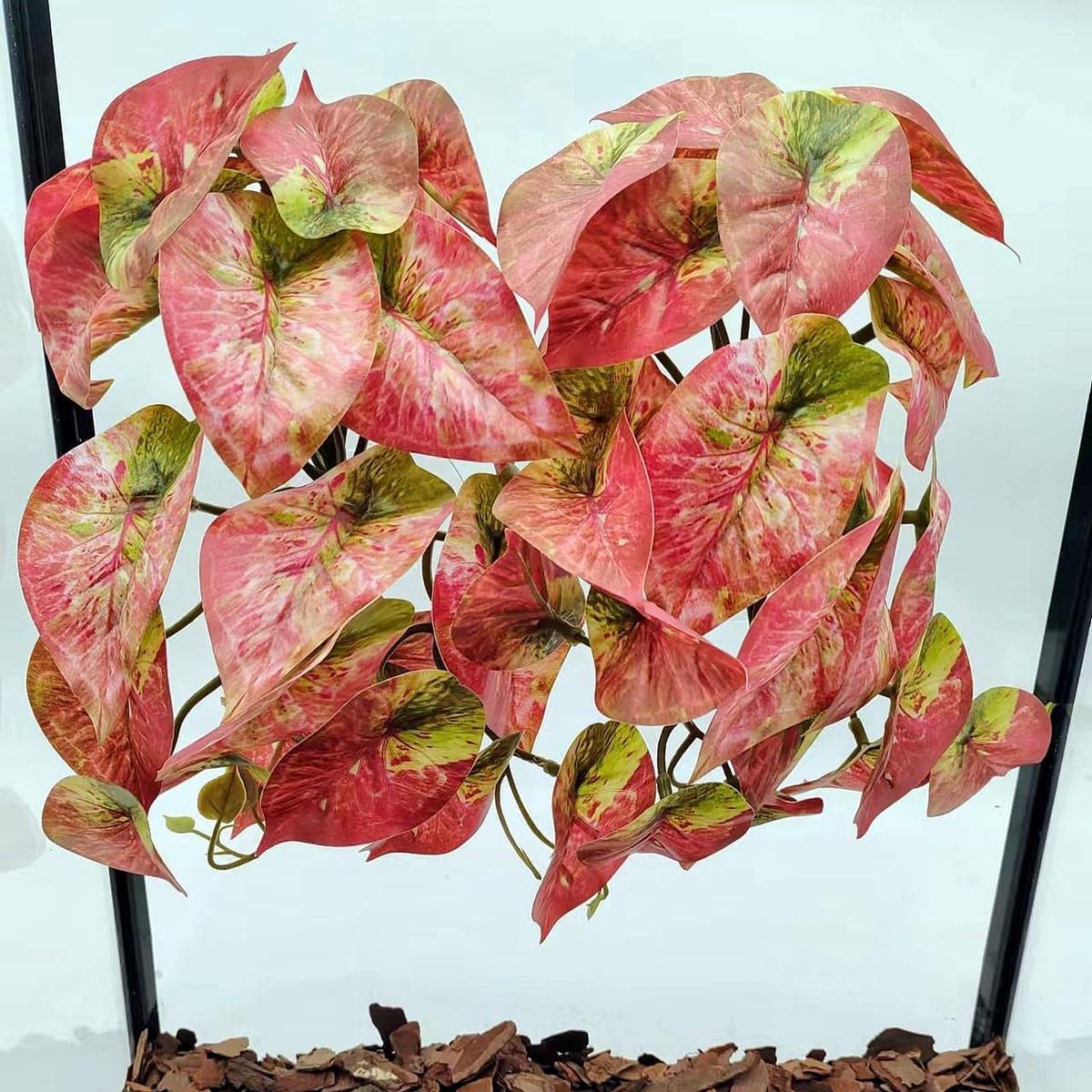 2 Pack Reptile Plants for Terrarium Decor, Amphibian Habitat Decor, Reptile Tank Accessories, Artificial Hanging Plants with Suction Cup (Red Arrowhead)