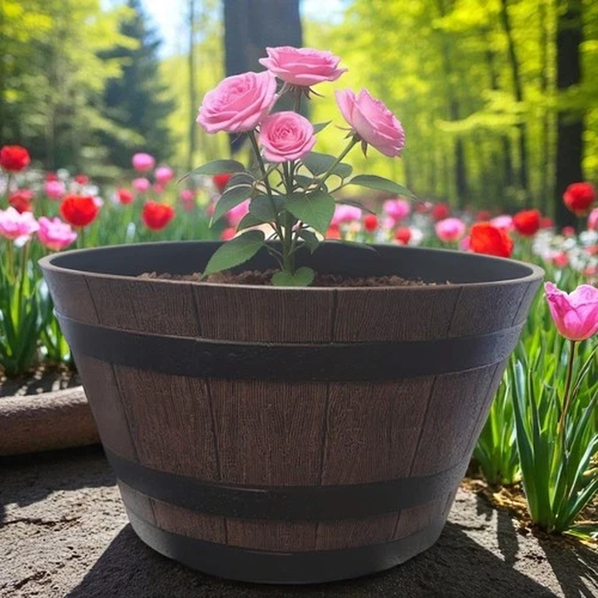 Heavy Duty Barrel Planter 55 cm Dark Wood Effect Plastic Garden Tub Pot 50L
