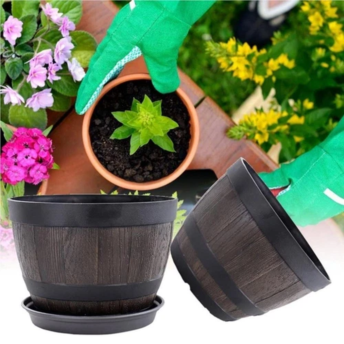Plant Pot Outdoor Plastic Flower Pot Barrel Garden Planter Tub Simulation Wooden