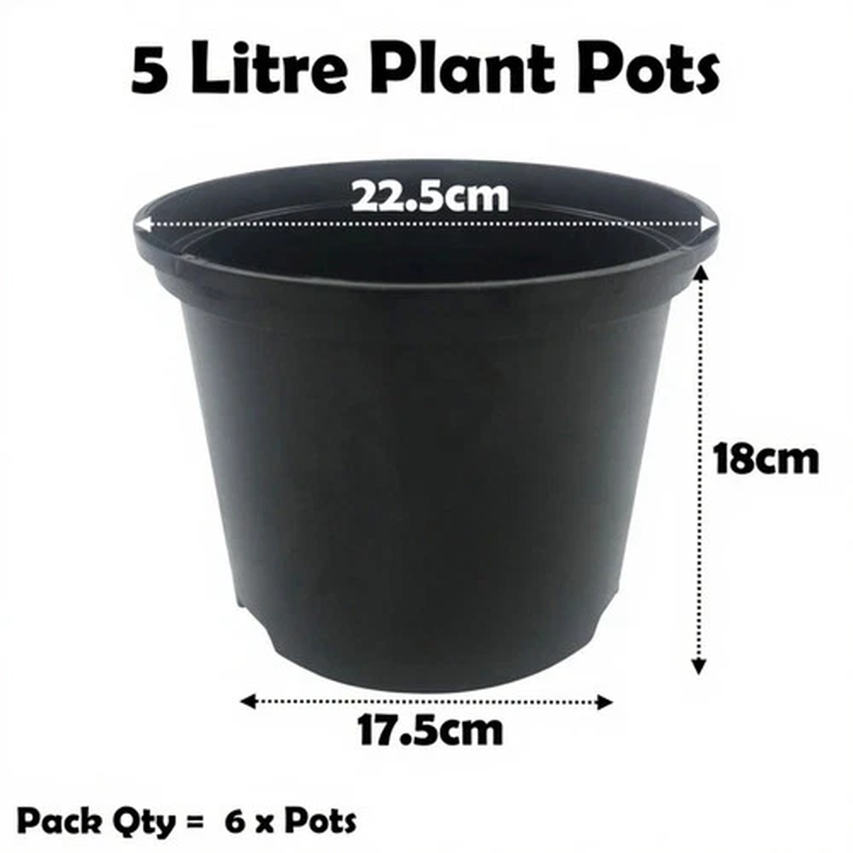 5 Litre Black Plant Pots Plastic Round Flower Pot  L LT High Quality Qty = 6