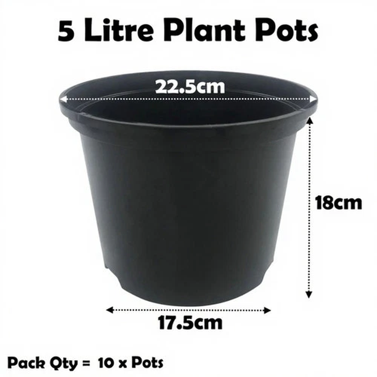 5 Litre Black Plant Pots Plastic Round Flower Pot  L LT High Quality Qty = 10