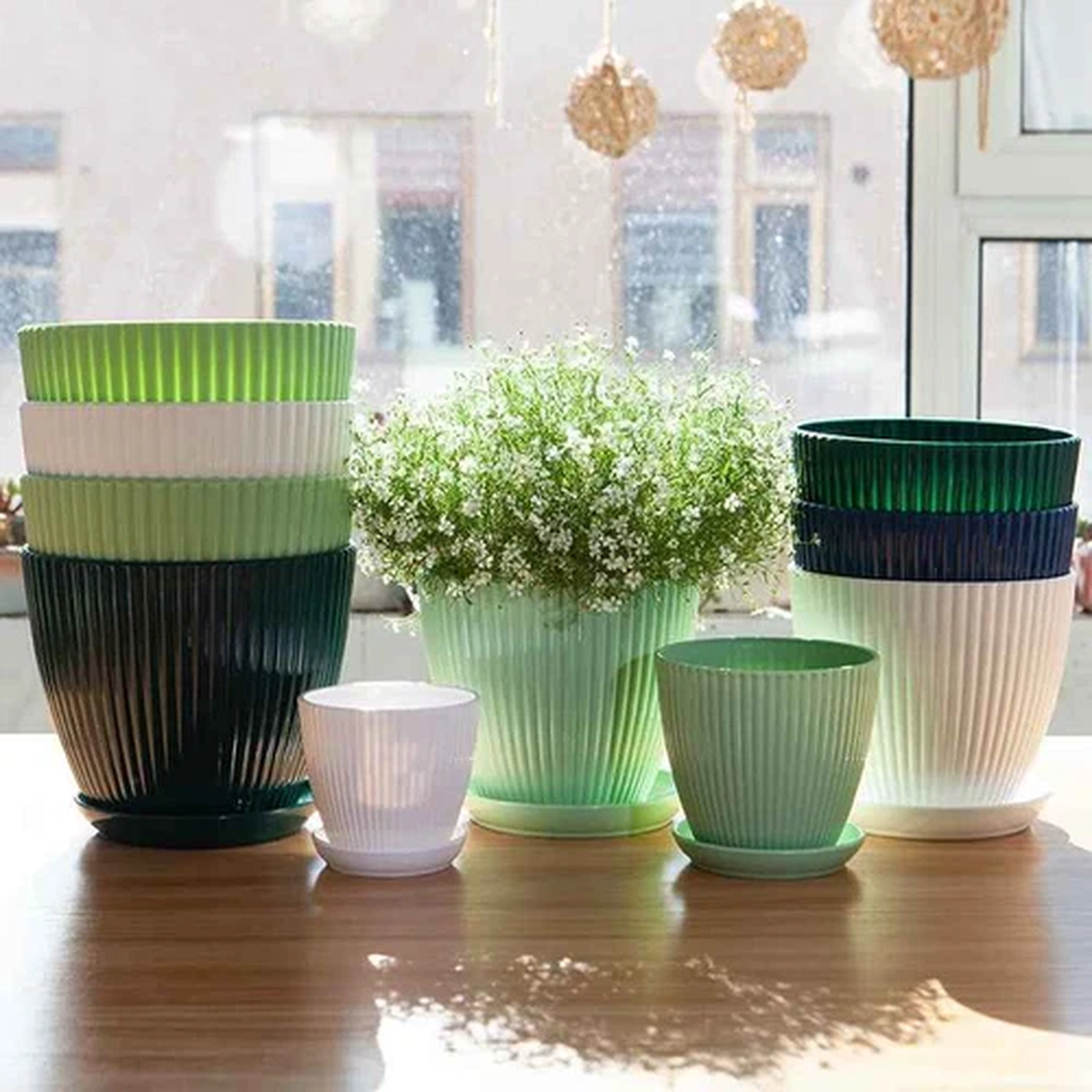 Round Plant Pots with Tray Succulent Planter Garden Balcony Flowerpot Decoration