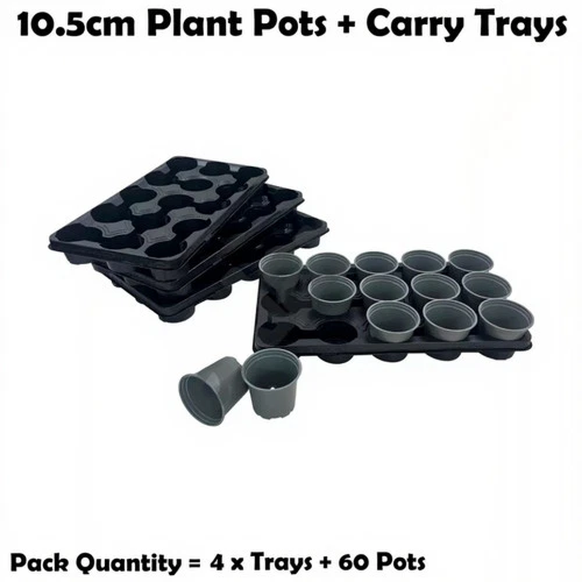 60 x 10.5cm Plant Pots With Carry Trays Plastic Garden Nursey Flower Pot Grey