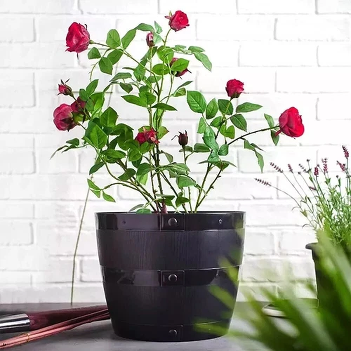 Large Round Barrel Tub Garden Planter Plant Flower Pot Black Home Patio