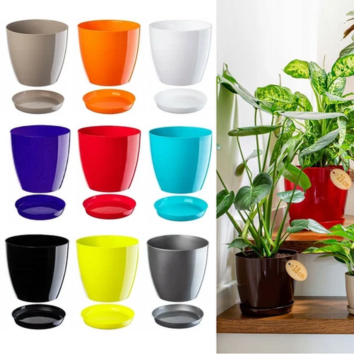 Plant Flower Pot Plastic 9 Colours 5 sizes Gloss Pots Planter Saucer Tray Deco