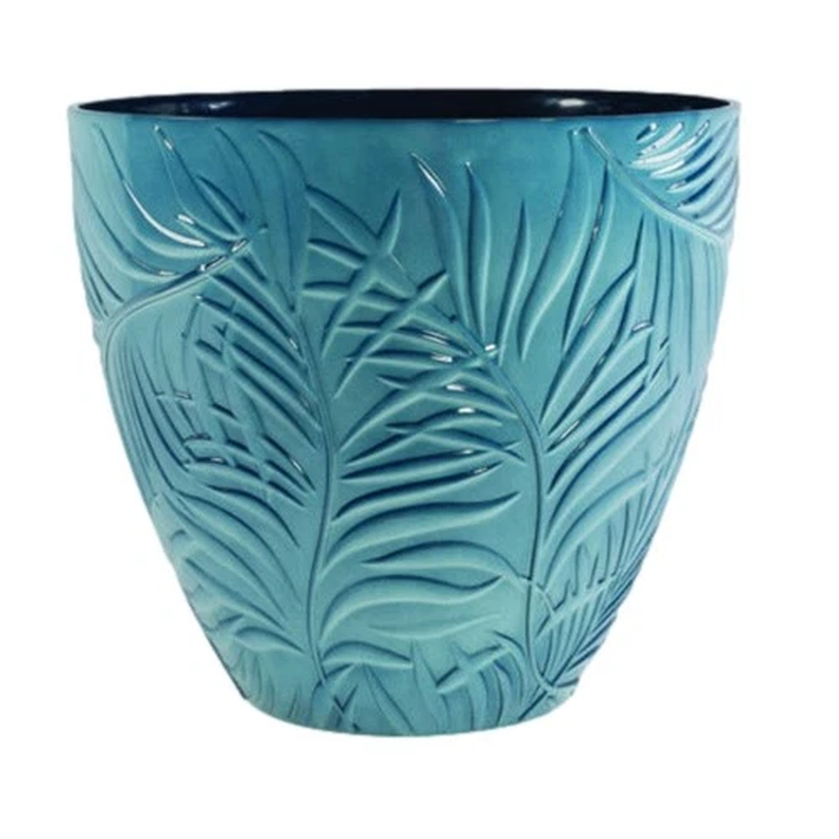 Round Plastic Blue Plant Pot 23cm Fern Leaf Embossed Home Outdoor Flower Planter