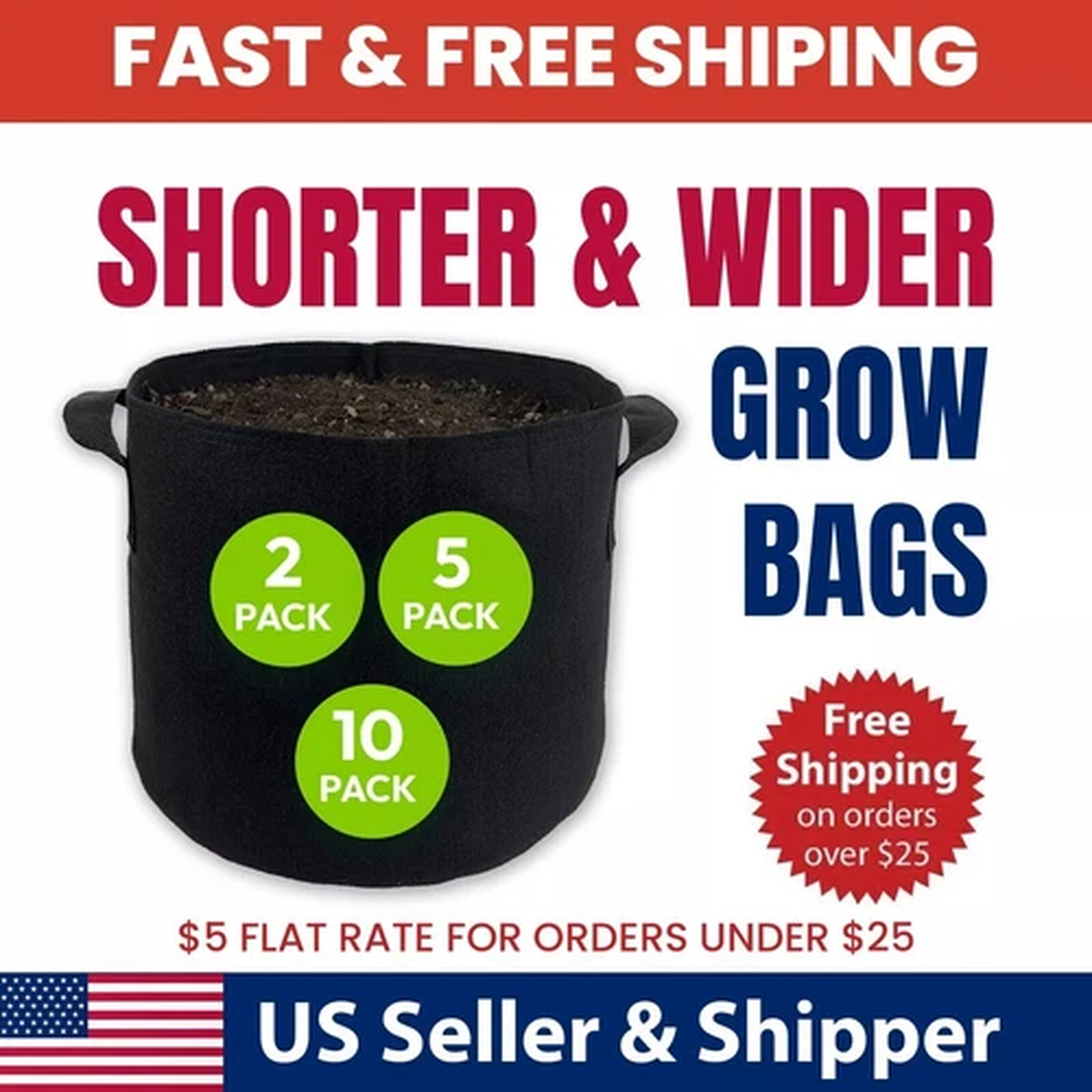 2/5/10 Pack Grow More Shallow Root Plants Per Bag With Short & Wide Grow Bags