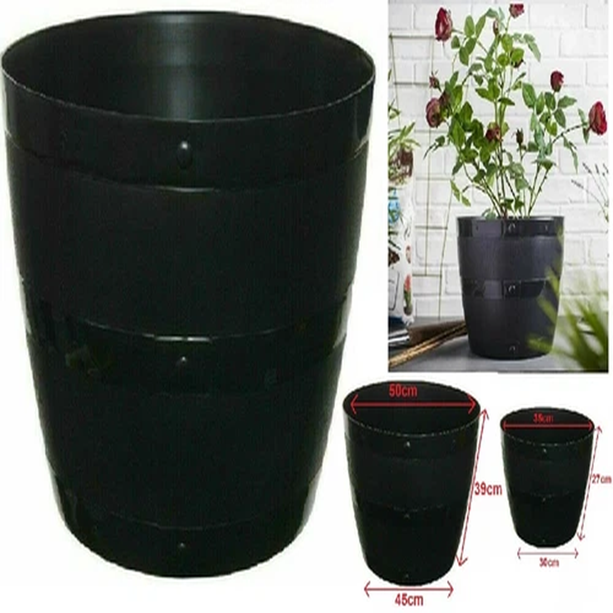 Black Plant Planter Barrel Tub Pot Garden Patio Out/ Indoor Flower Tray Plastic