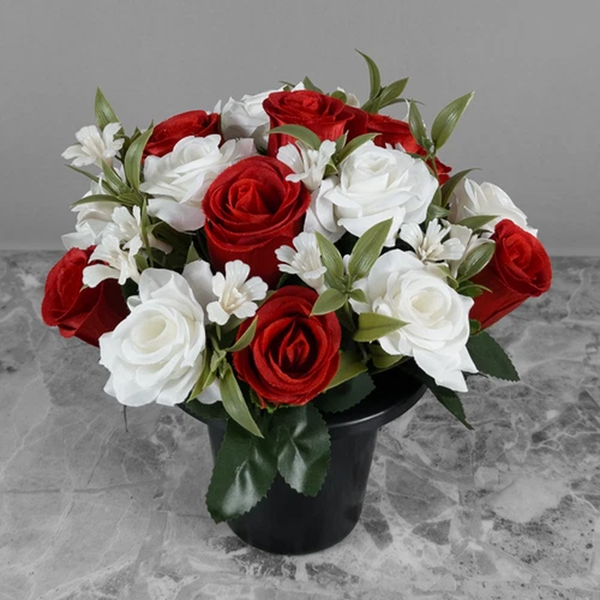 Artificial Grave Pot Flowers Red Rosebud & White Open Roses
