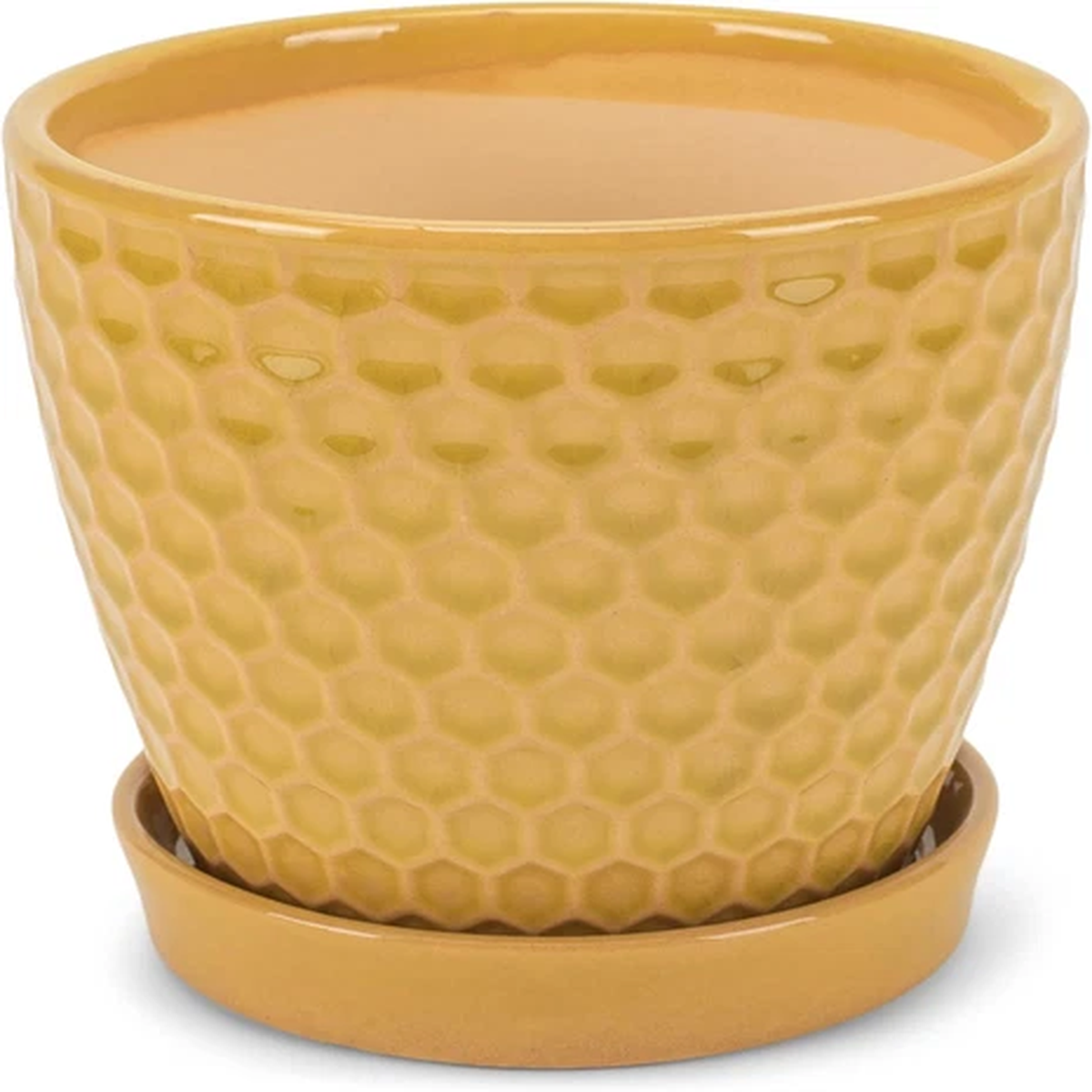 Honeycomb Yellow 4.75 Inch Ceramic Flower Pot Planter with Saucer