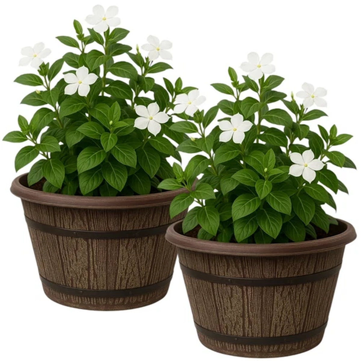 2x Whiskey Barrel Garden Planters 6L Rustic Plastic Pots with Wood Look