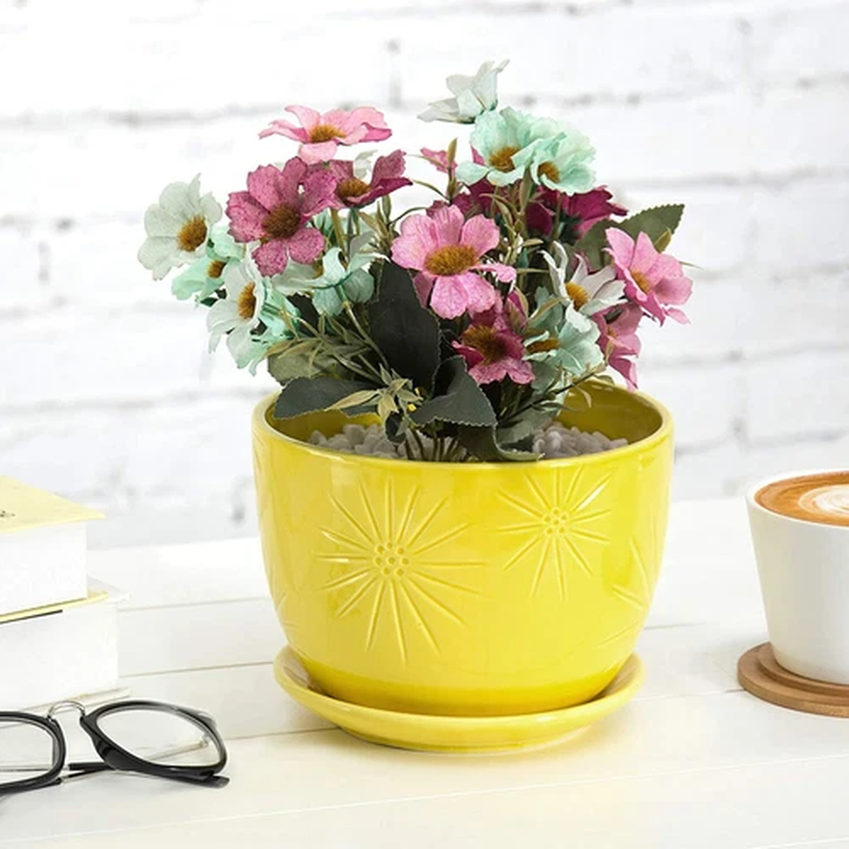 MyGift 7 inch Yellow Sunburst Ceramic Flower Pot with Saucer