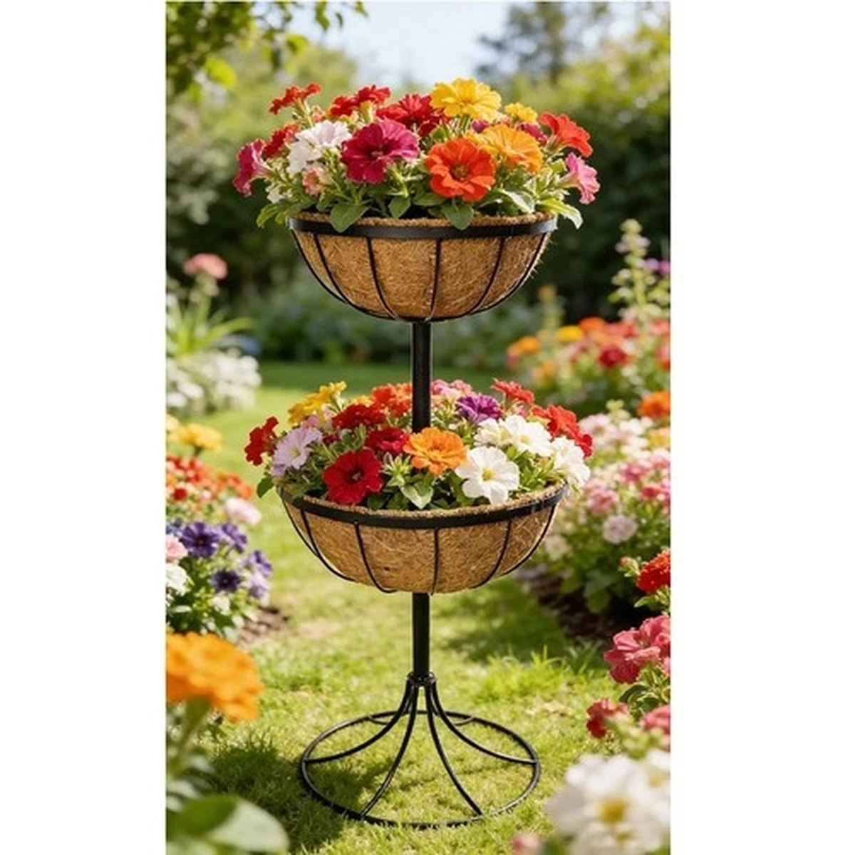 2 Tier Flower Fountain Planter Metal Garden Stand with Coco Liners Patio Pot