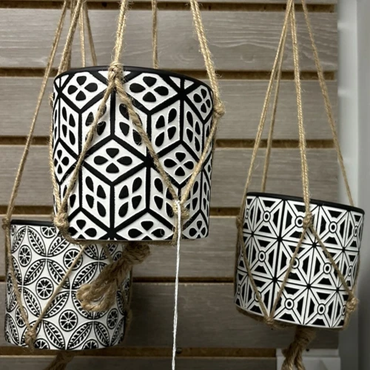 Three Ceramic Hanging Or Sill Planters With macram B&W Designs