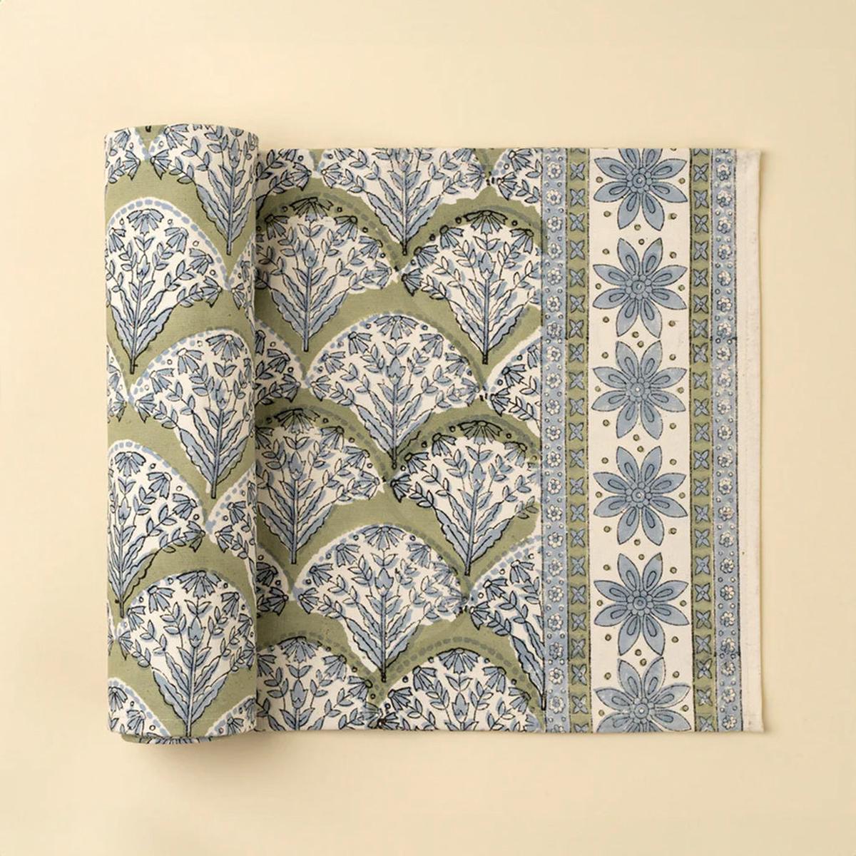 Sakura Block Print Table Runner Green 108"