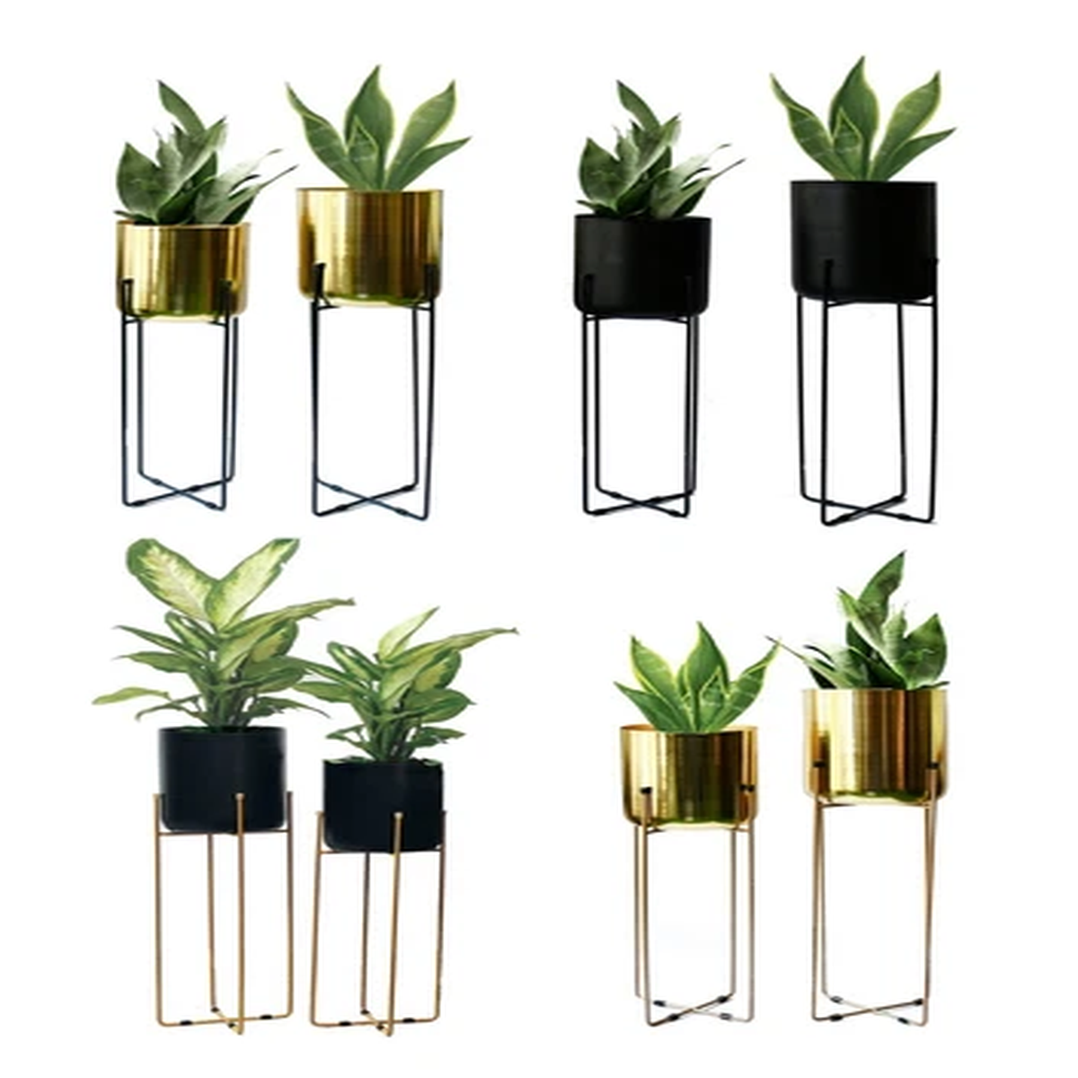 Metal Plant Pot Stand Tall Black Gold Flower Standing Planter Holder 2pc Set