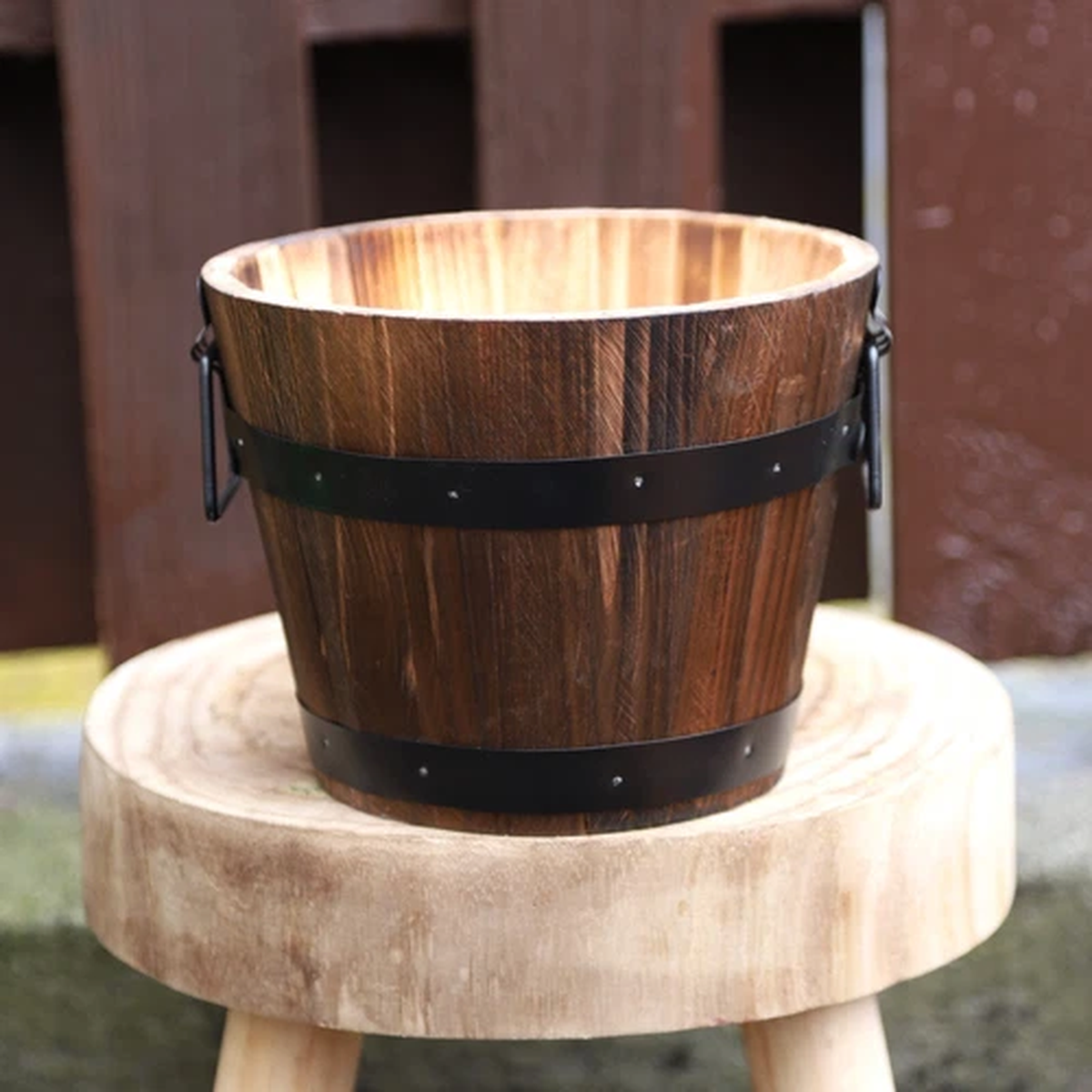 Round Wooden Barrel Planter 20cm Garden Pot with Metal Handles Band Outdoor Tub
