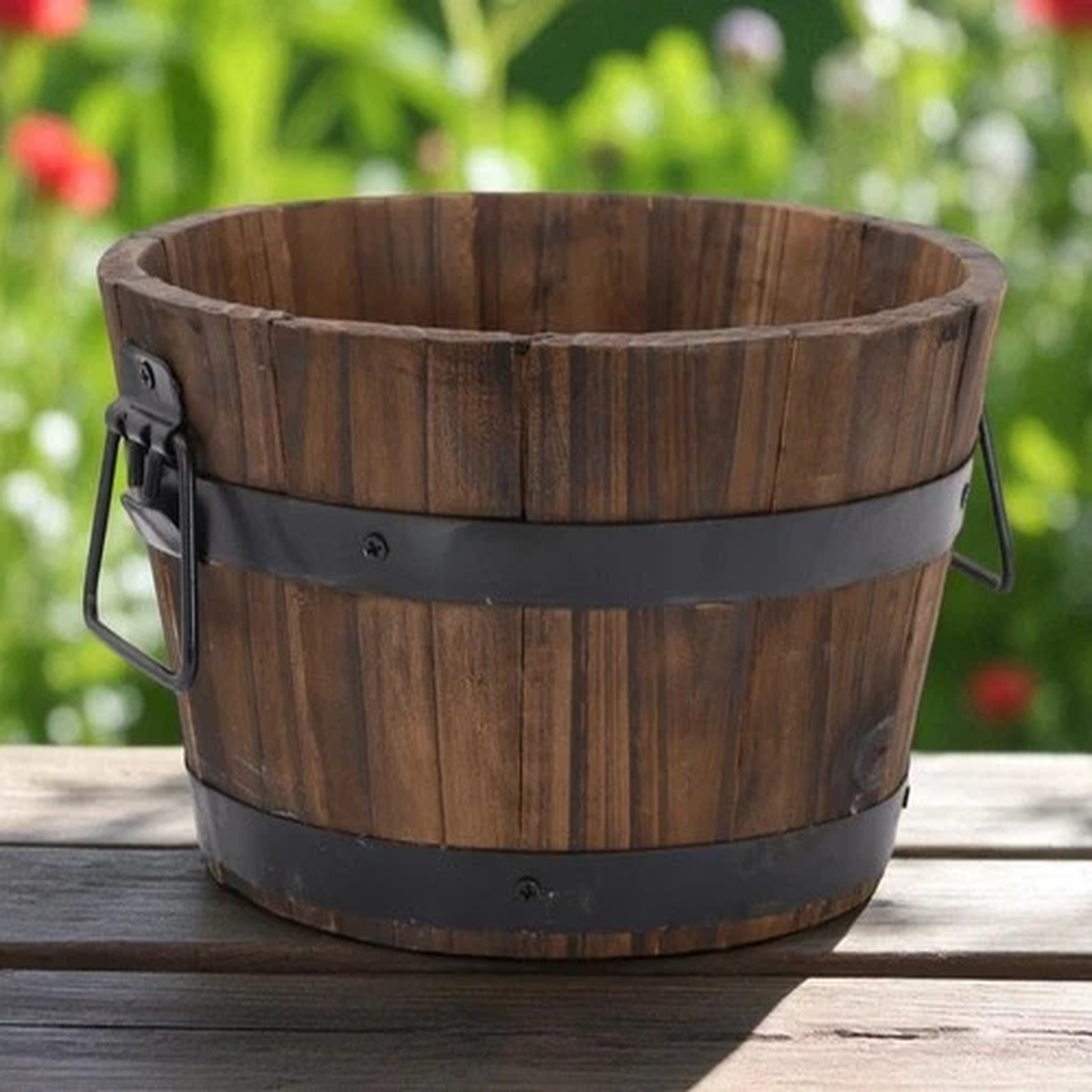 Round Wooden Barrel Planter 20cm Burnt Wood Garden Pot with Handles Outdoor Tub