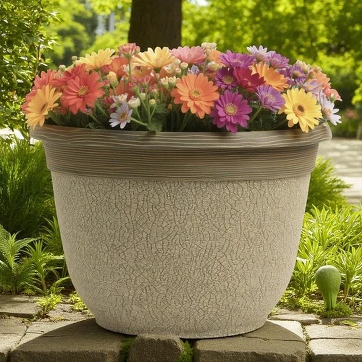 Large 30cm Crackle Flower Pot Rustic Indoor Outdoor Planter Grey White