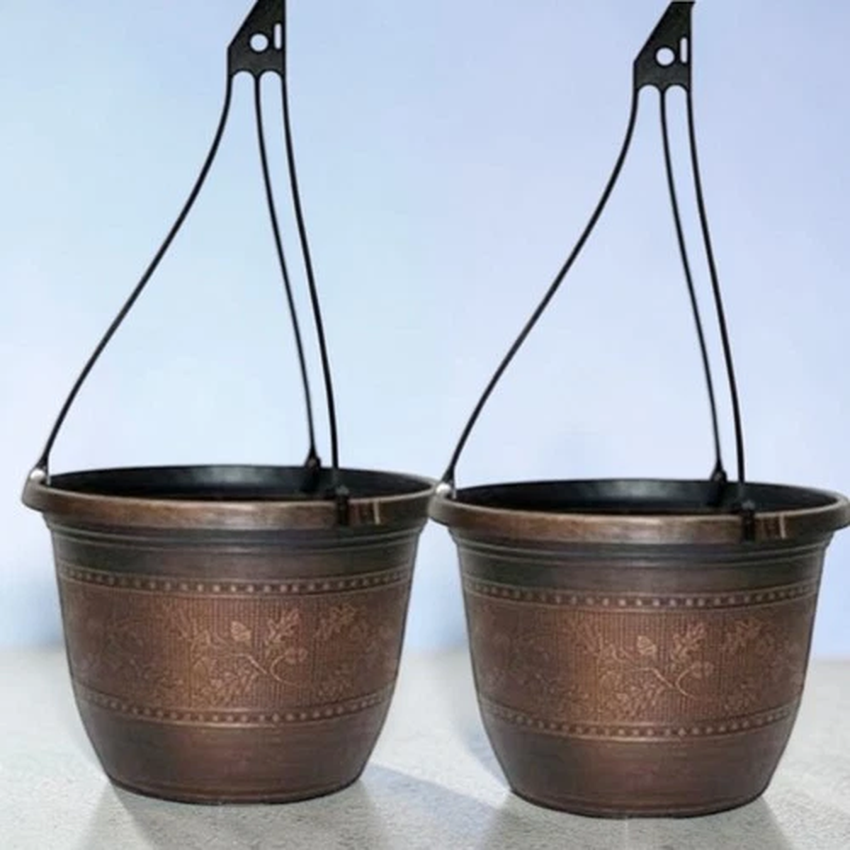 Planter Set of 2 Round Garden Plant Pot Antique Copper Acorn Flower Autumn