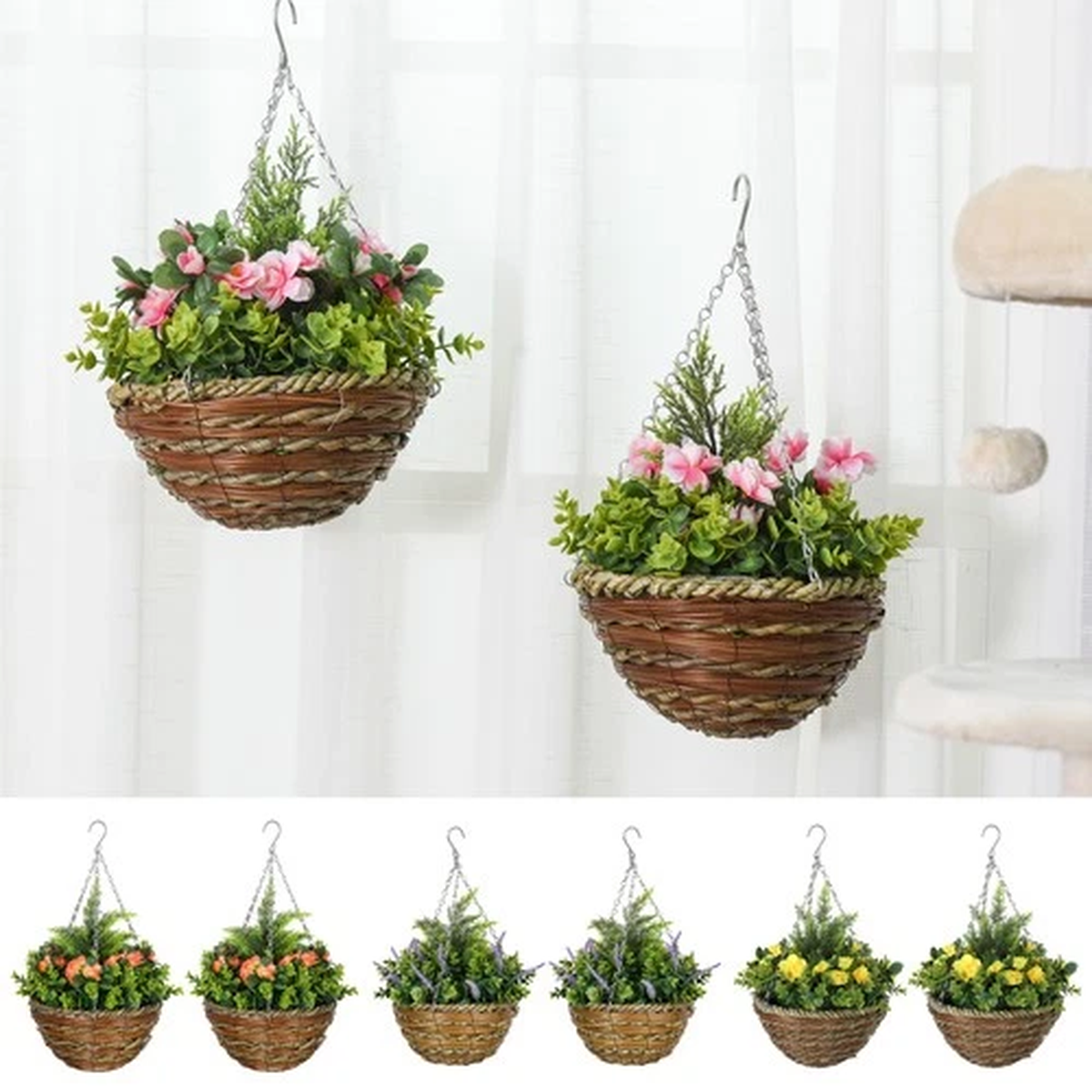 2 PCs Artificial Lisianthus Flower Hanging Planter Basket Home Dcor
