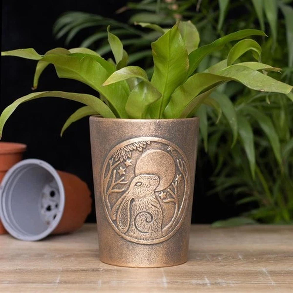 Pagan Moon Shadow Gazing Hare Bronze Colour Terracotta Plant Pot by Lisa Parker