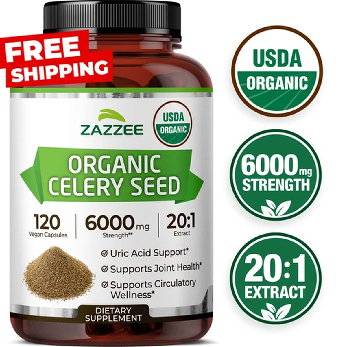 USDA Organic Celery Seed 20:1 Extract, 6000 mg Strength, 120 Vegan Capsules