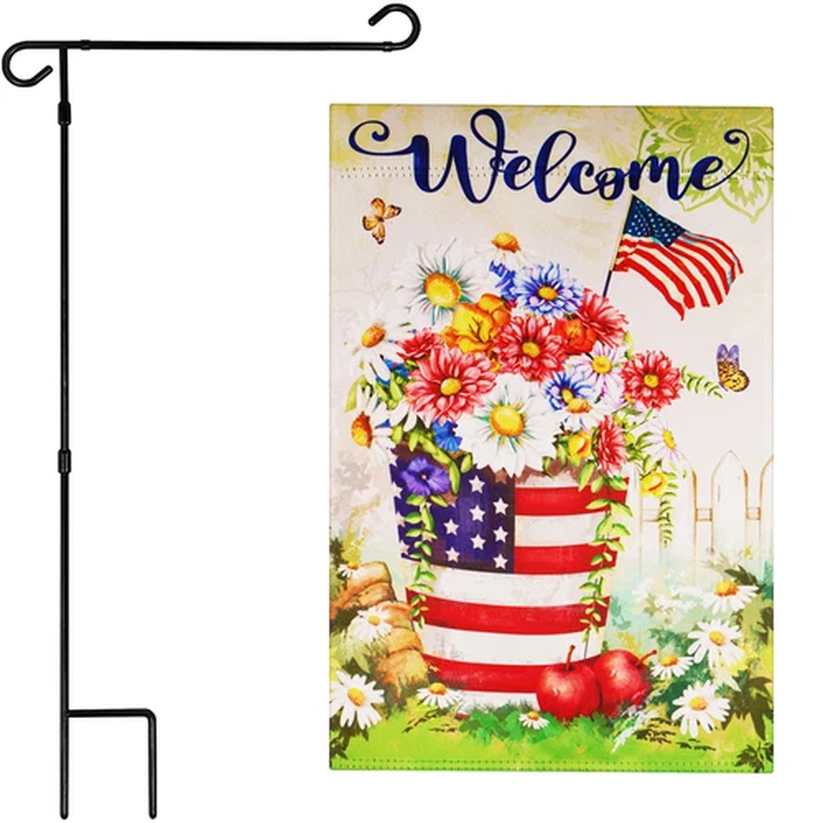 Garden Flag Stand BLK & Garden Flag Welcome USA Flag Flower Pot 12x18IN Blockout