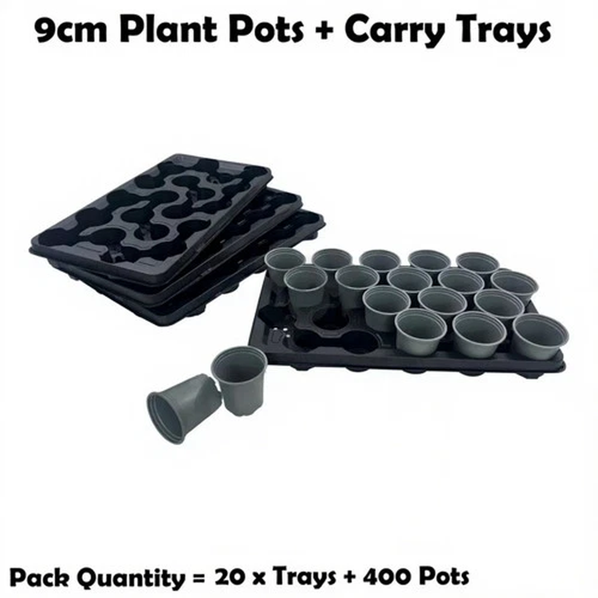 400 x 9cm Plant Pots With Carry Trays Nursery Plastic Flower Pot Grey