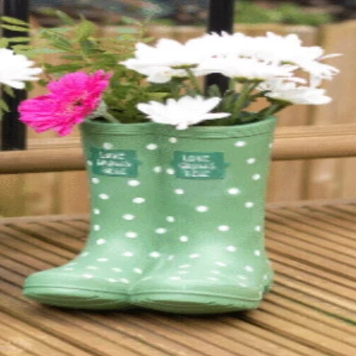 Green Welly Boot Planter Polka Dot Indoor Outdoor Flower Pot Decor Rustic Gift