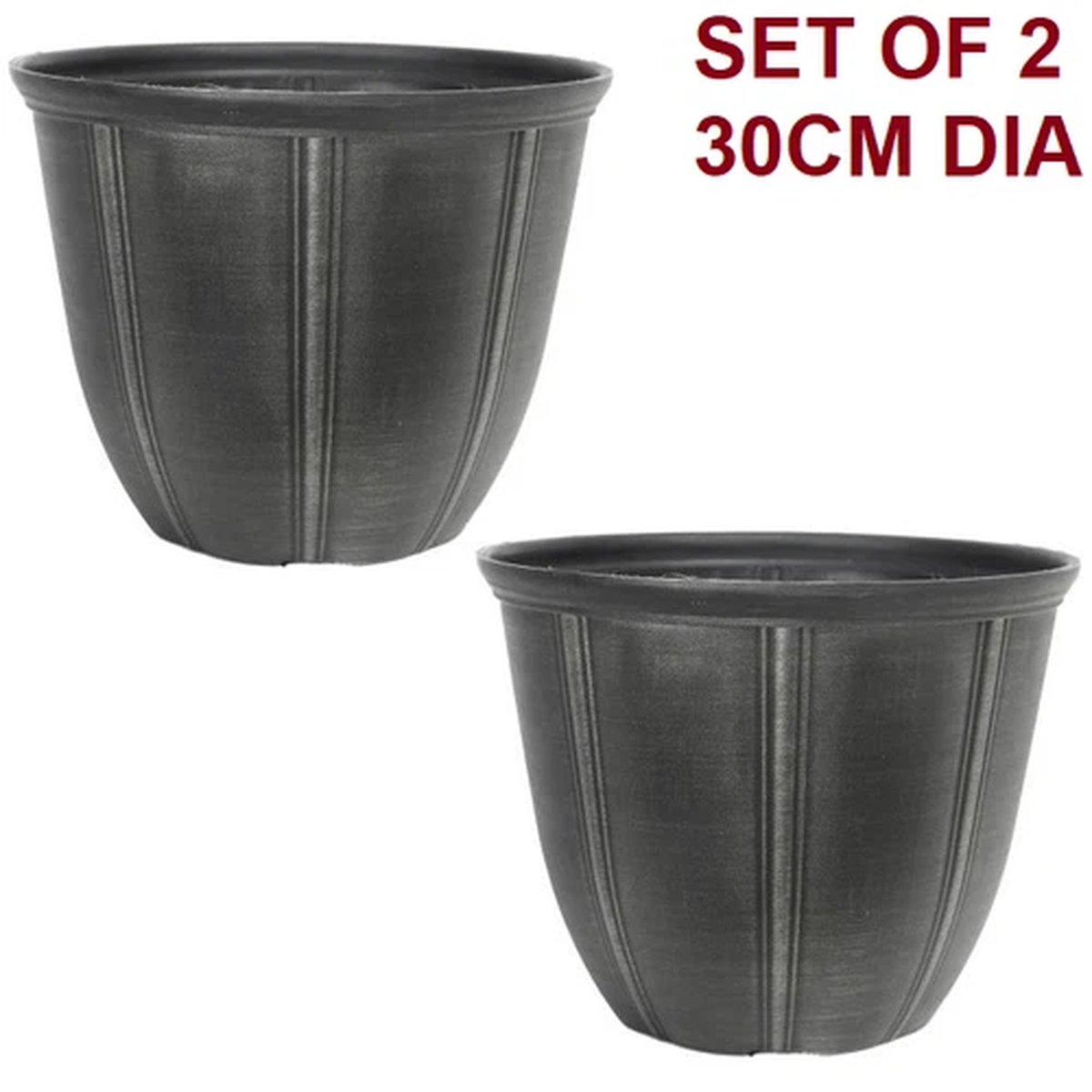 Planter Set of 2 Metallic Grey Plastic Plant Pot 30cm Black11L Round Garden