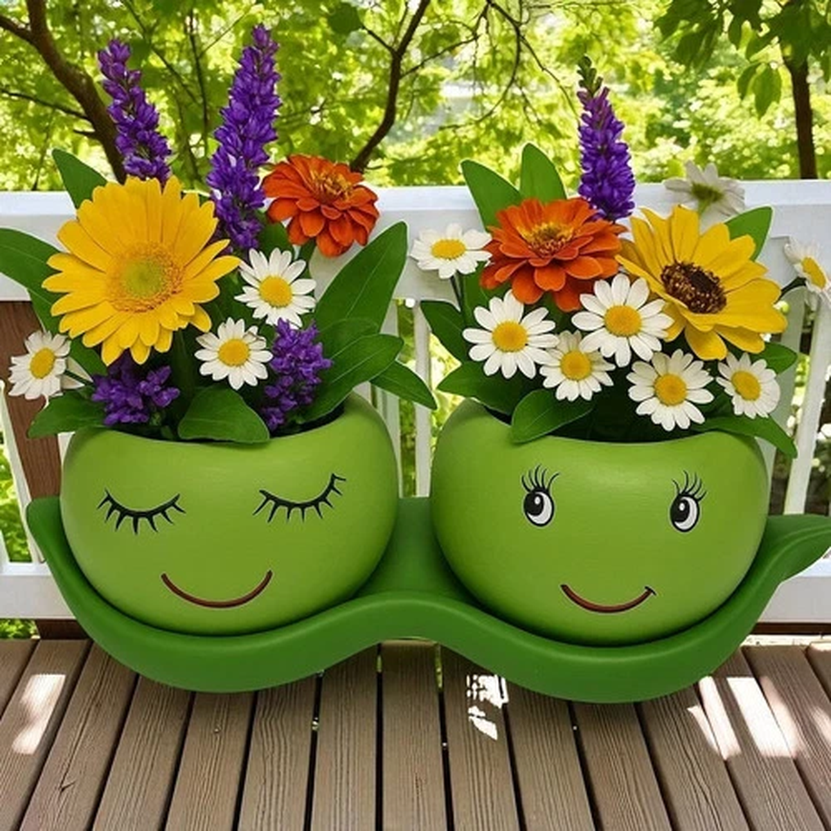Novelty Peas Pod Twin Planter Green Cement Plant Pot 24cm