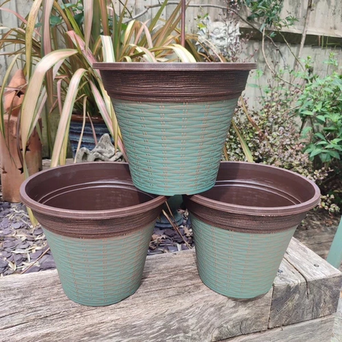 Decorative Plant Pots Plastic Round Green Patina Bronze Garden Planters 30cm