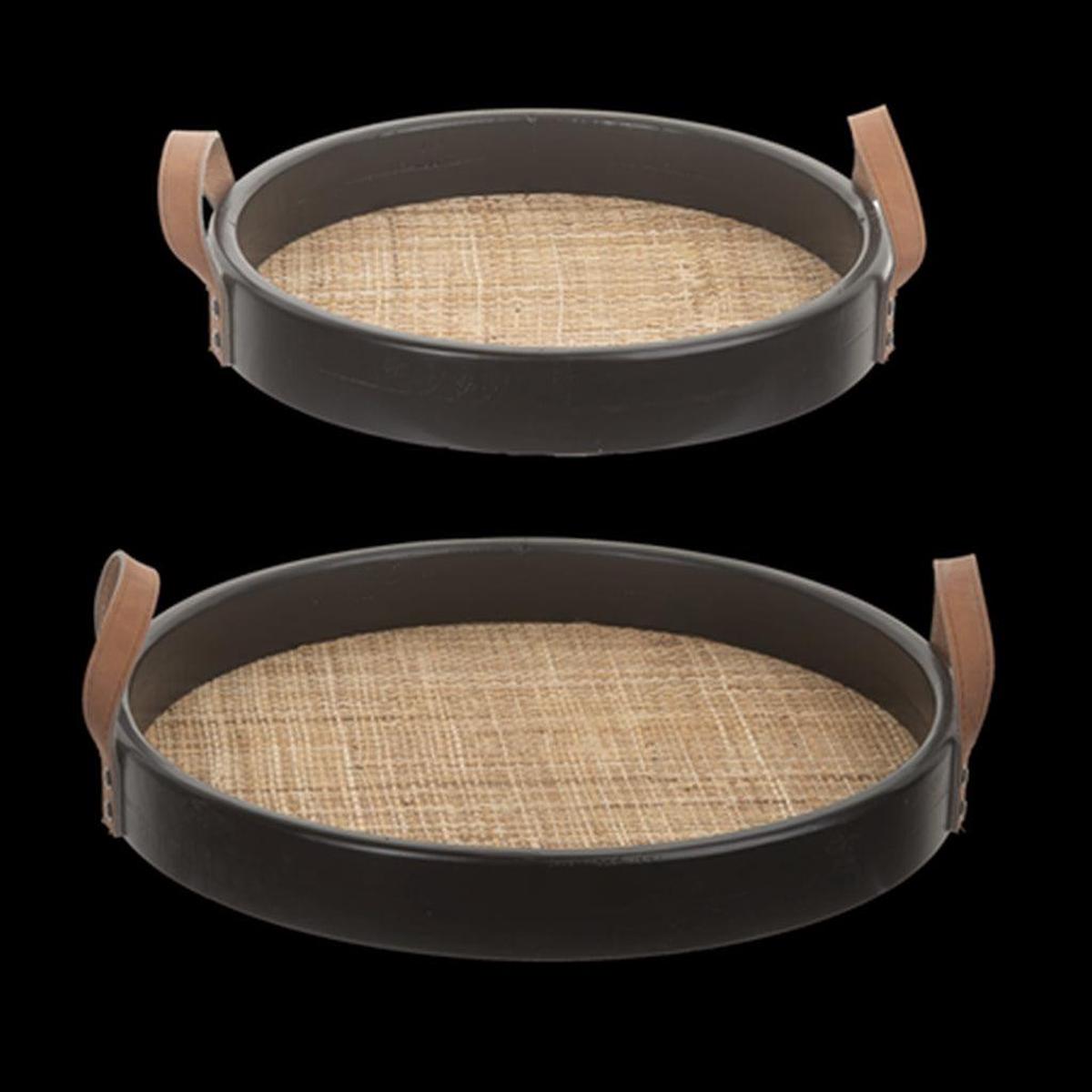 Tray Round Woven Inlay W/Leather Handles Black