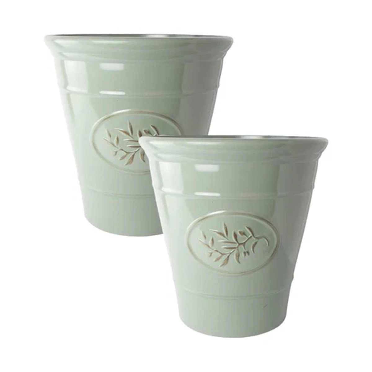 2Pc Olive Green Plastic Plant Pot 17cm Gloss Tall 2.4L Round Garden Planter