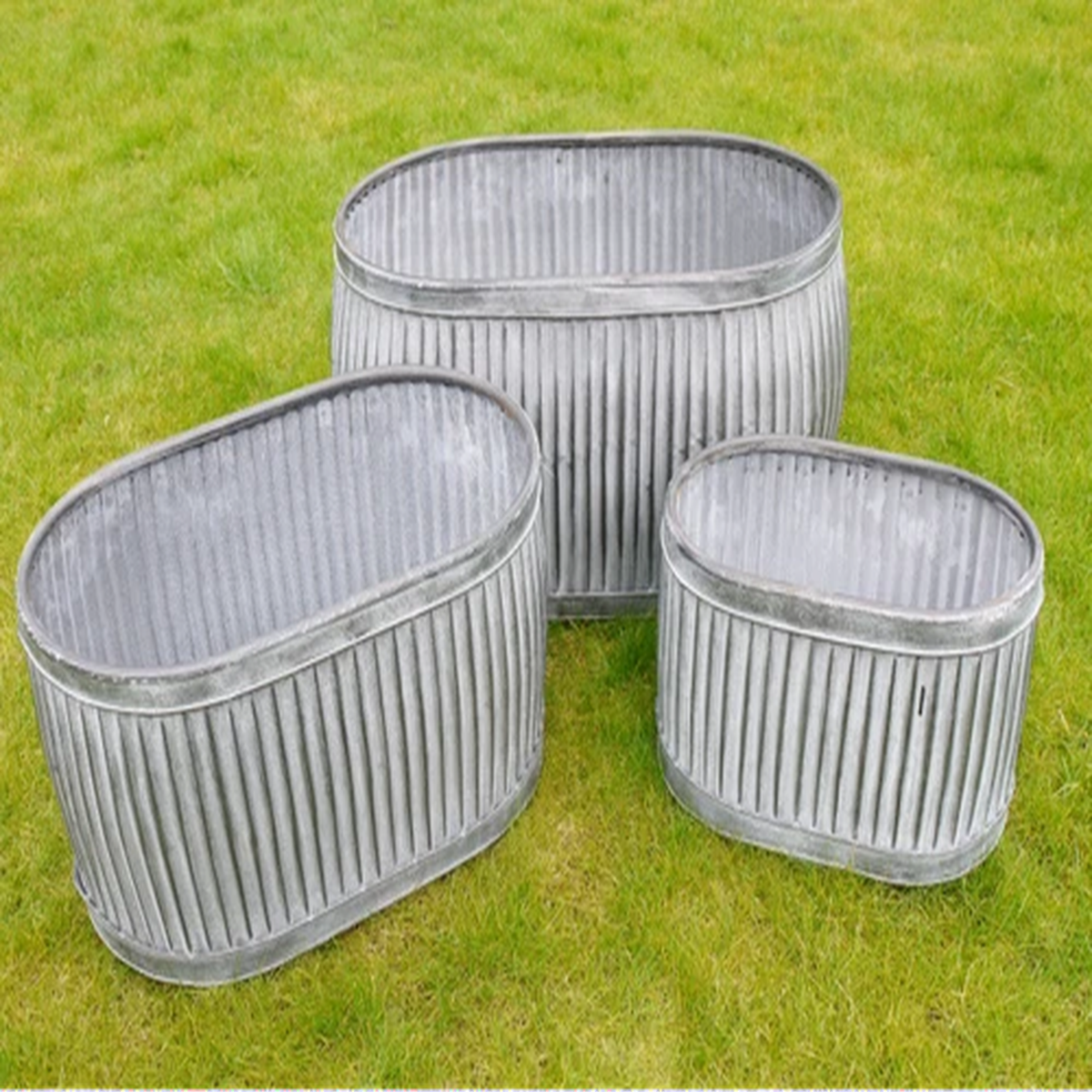 Large Oval Vintage Galvanised Metal Barrel Planters Tub Plant Flower Pot Garden