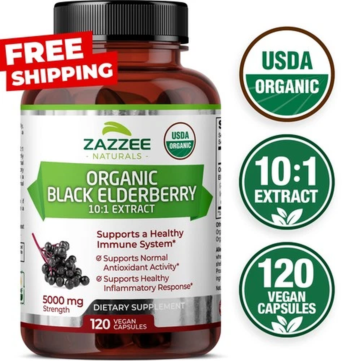 USDA Organic Black Elderberry 10:1 Extract, 5000 mg Strength, 120 Vegan Capsules