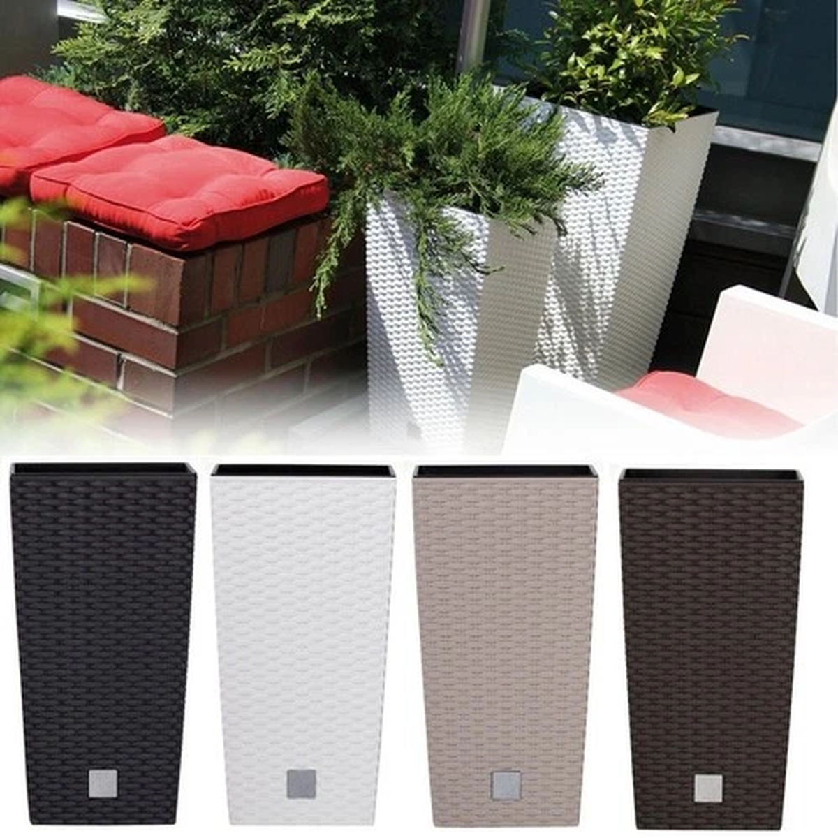 Tall Rattan Effect Square Planter Indoor Outdoor Plant Pot with Insert