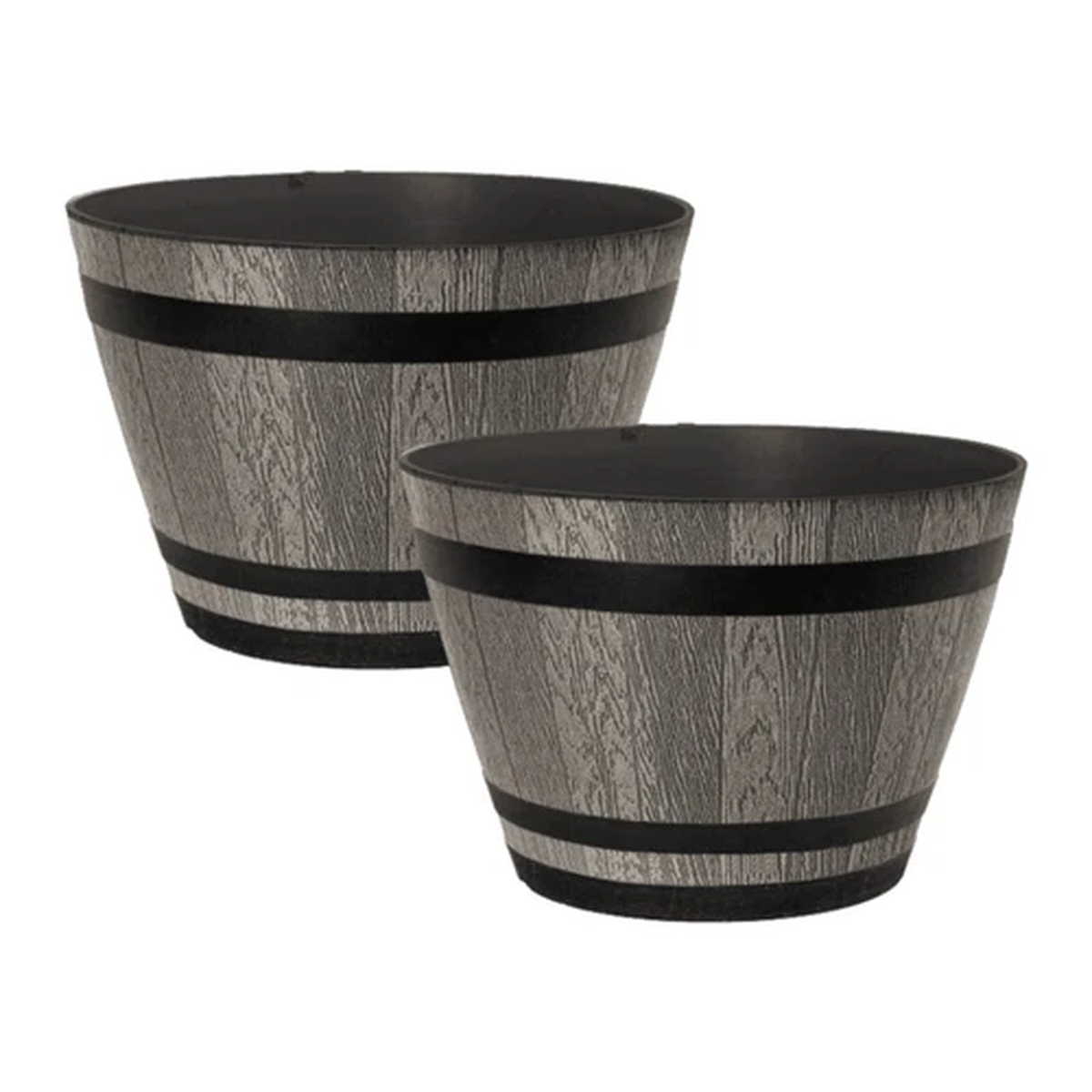 2Pc Plastic Whiskey Barrel Planter 35cm Brown Ash 18L Outdoor Garden Plant Pot
