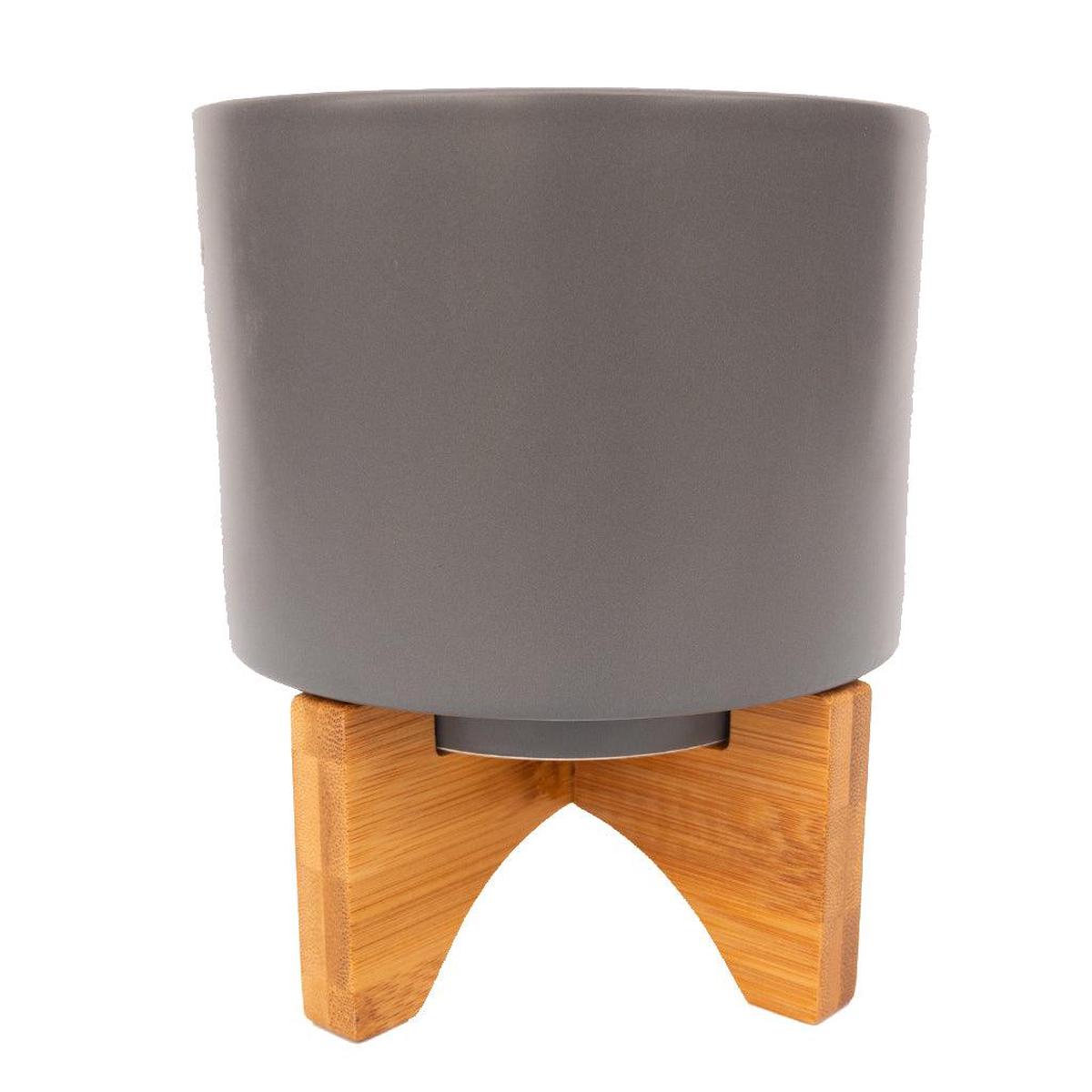 Gwen Short Ceramic Pot 14cm with Wooden Stand Matte Grey