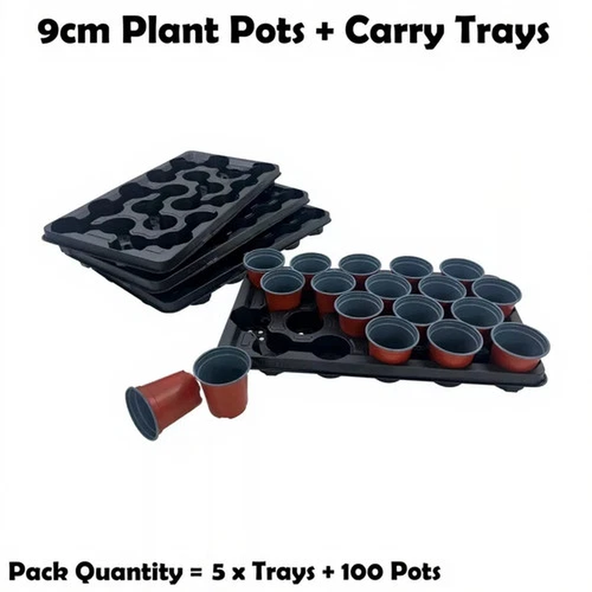 100 x 9cm Plant Pots With Carry Trays Nursery Plastic Flower Pot Terracotta