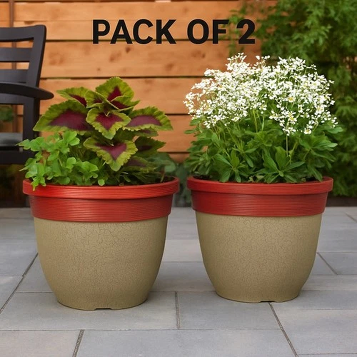 2 x Decorative Outdoor Indoor Garden Plant Pots Beige Red Rim Plastic 11L