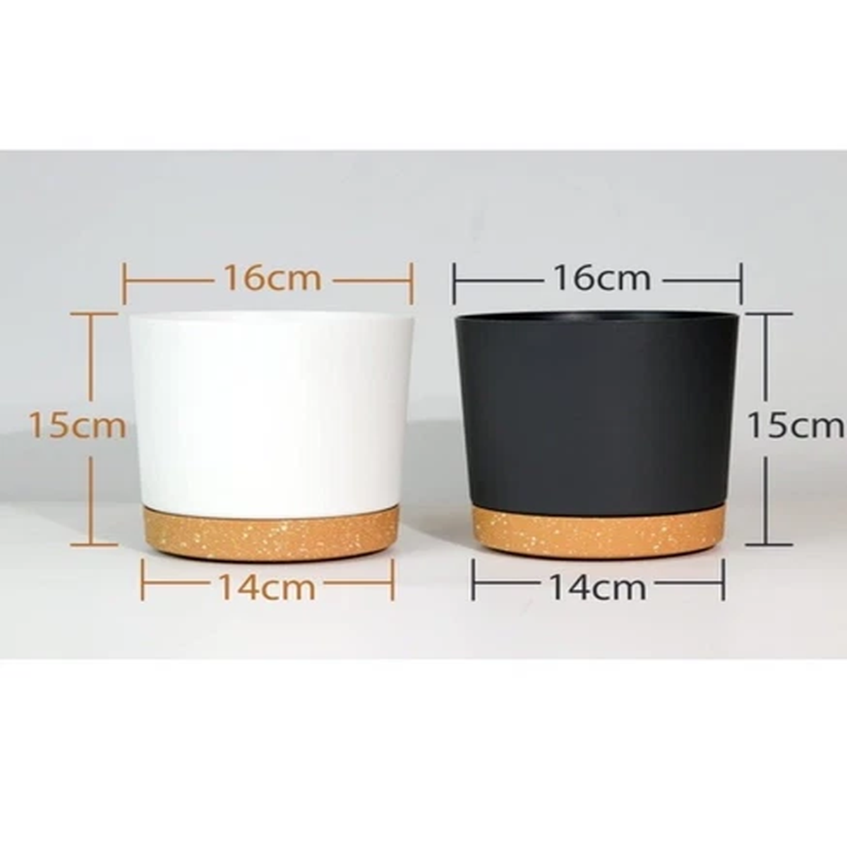 Set Of 6, 16cm Plastic Plant Pots with Drainage Holes and Saucer Black and White