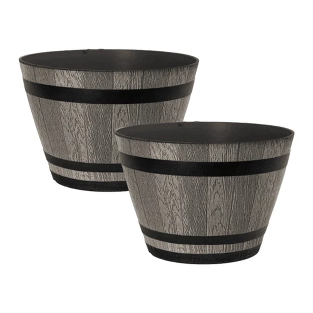 2Pc Plastic Whiskey Barrel Planter 30cm Brown Ash 9L Outdoor Garden Plant Pot