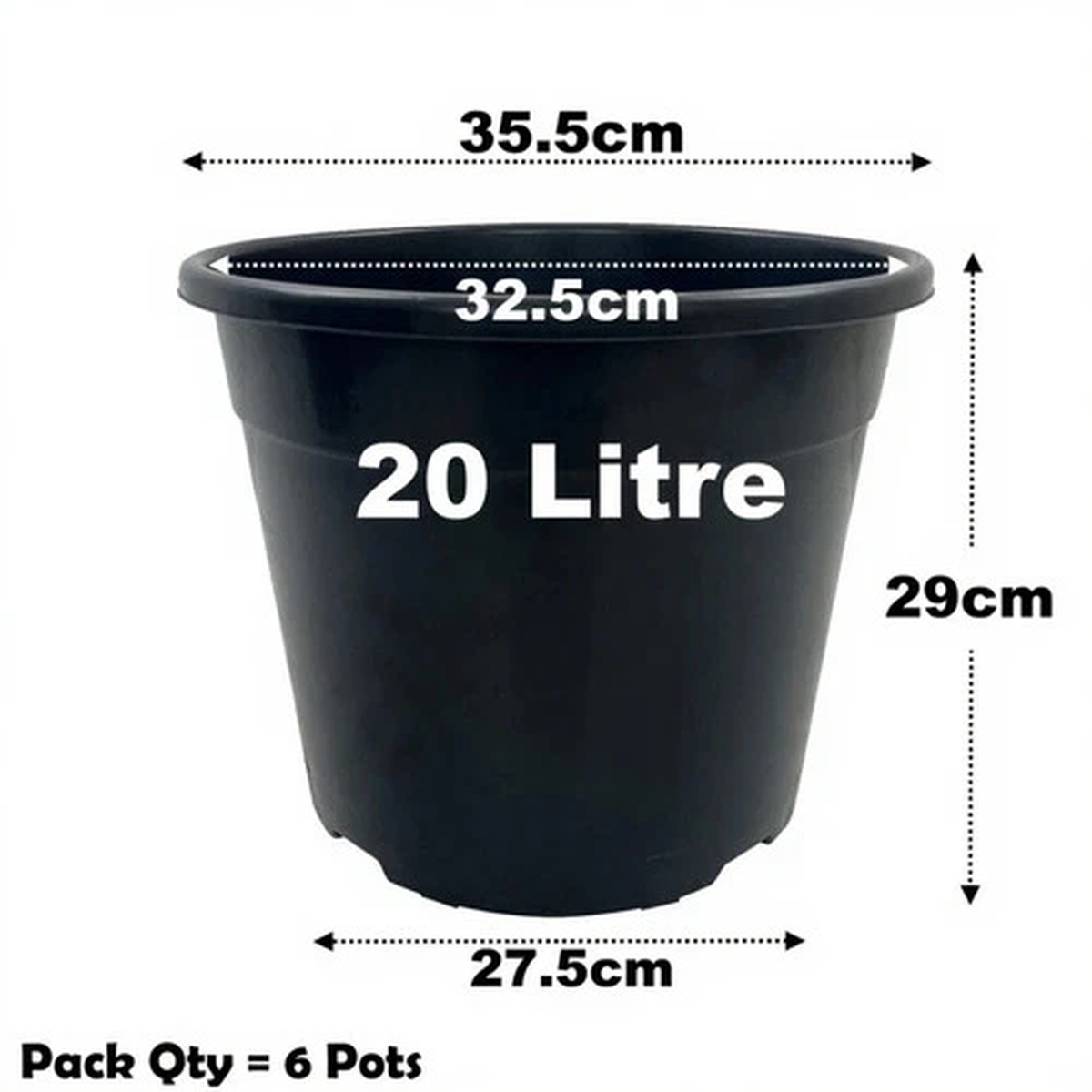 20 Litre Black Plant Pots Plastic Round Flower Pot  L LT High Quality Qty = 6