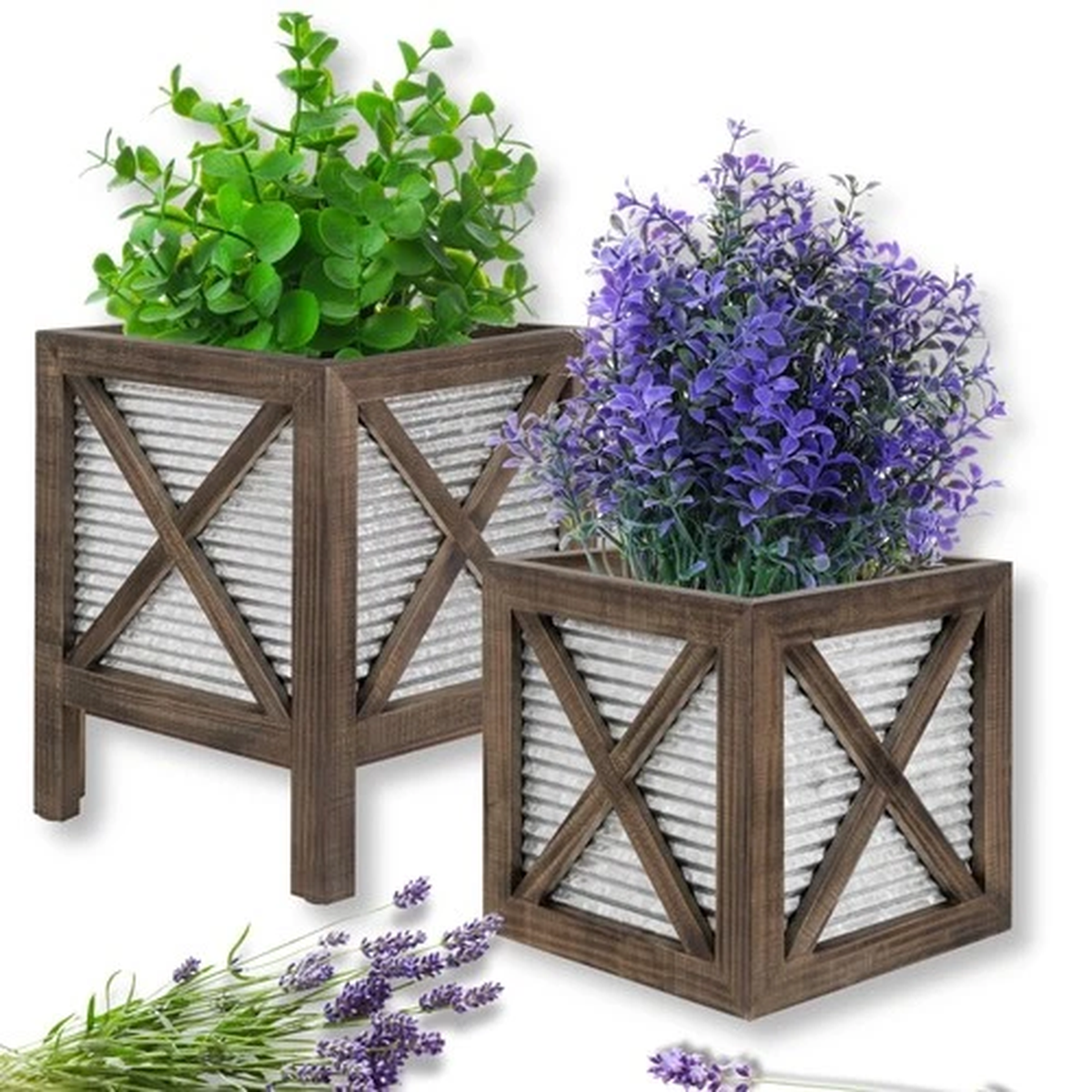 Autumn Alley Farmhouse Front Porch Planters Set of 2 Stand with Galvanized Co...