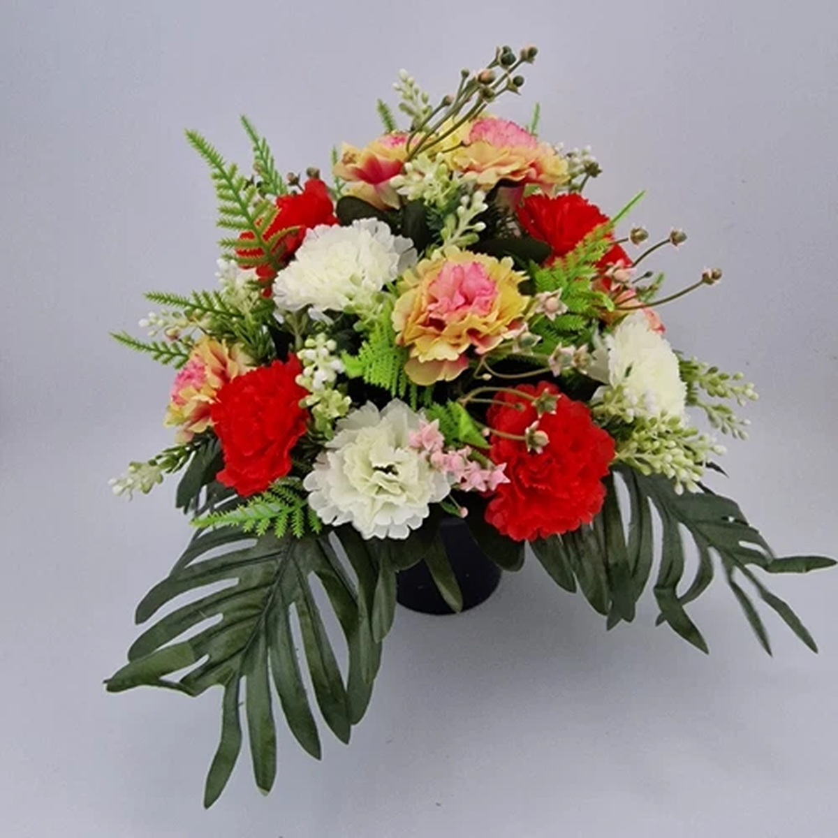 Grave Memorial Pot With Carnation with Fern & Berries Grave Arrangement/ Red