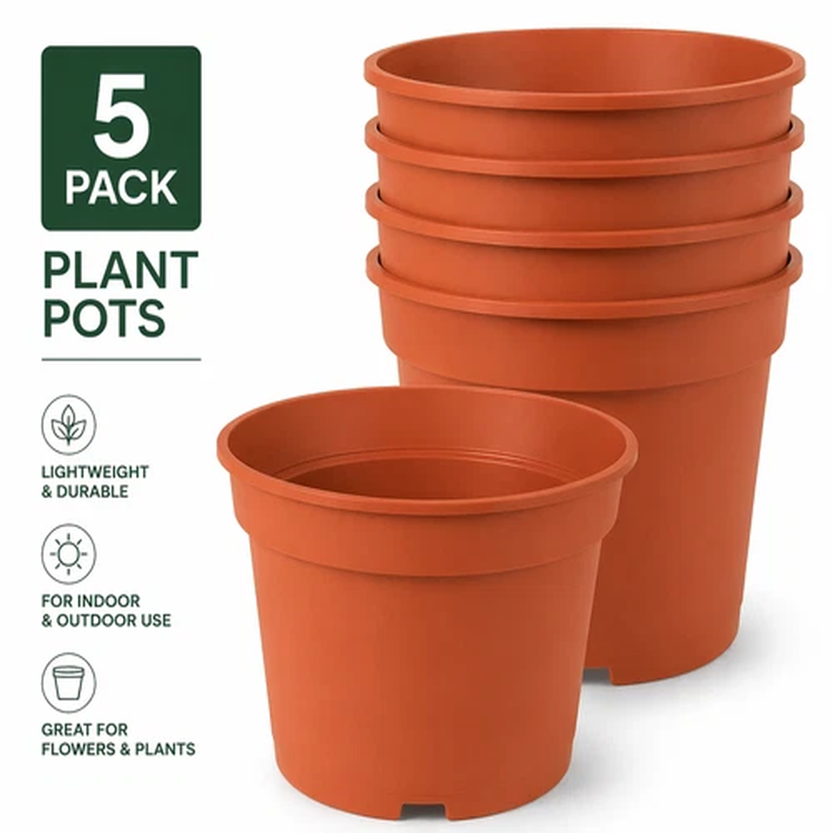 5 x Terracotta Plastic Plant Pots Small Round Flower Planters 10 12 15 Litre