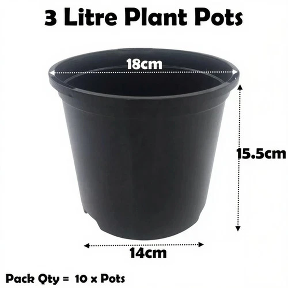 3 Litre Black Plant Pots Plastic Round Flower Pot  L LT High Quality Qty = 10