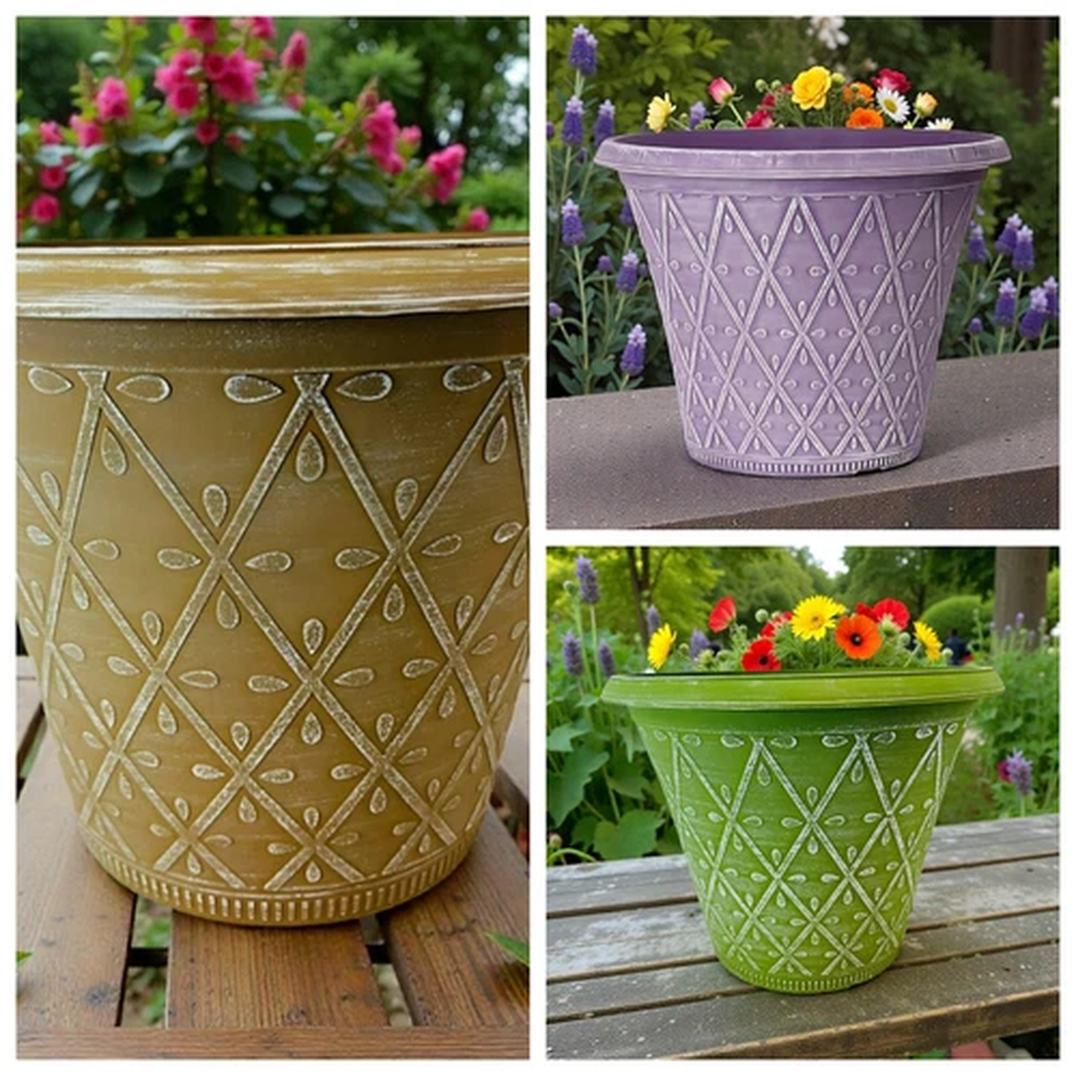Large Decorative Plastic Garden Planter 9.5L With Drainage Hole 3 Colours Pack 2
